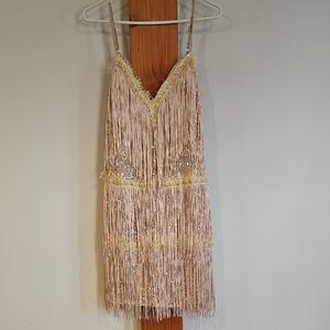 Gold and Cream Fringe Mini Flapper 40s Style Evening Dress